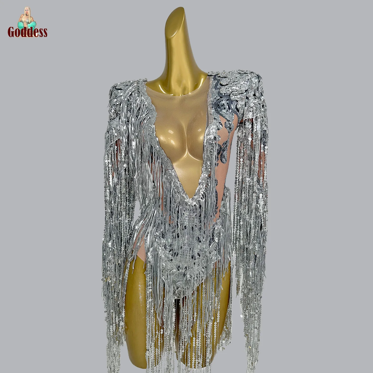 

Women's Sequin Fringes Dance Bodysuit Stretch Long Sleeve Sexy Leotard Nightclub DS Singer Costume Event Party Show Stage Wear