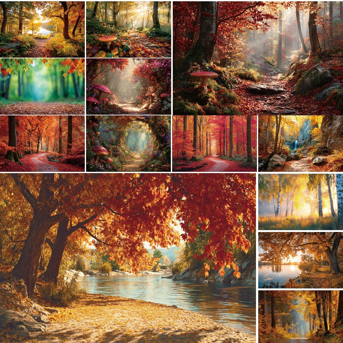 

MOON.QG Autumn Forest Photo Background Riverbank Red Mushrooms Backdrops For Photography Props Studio Shooting Photobooth Poster