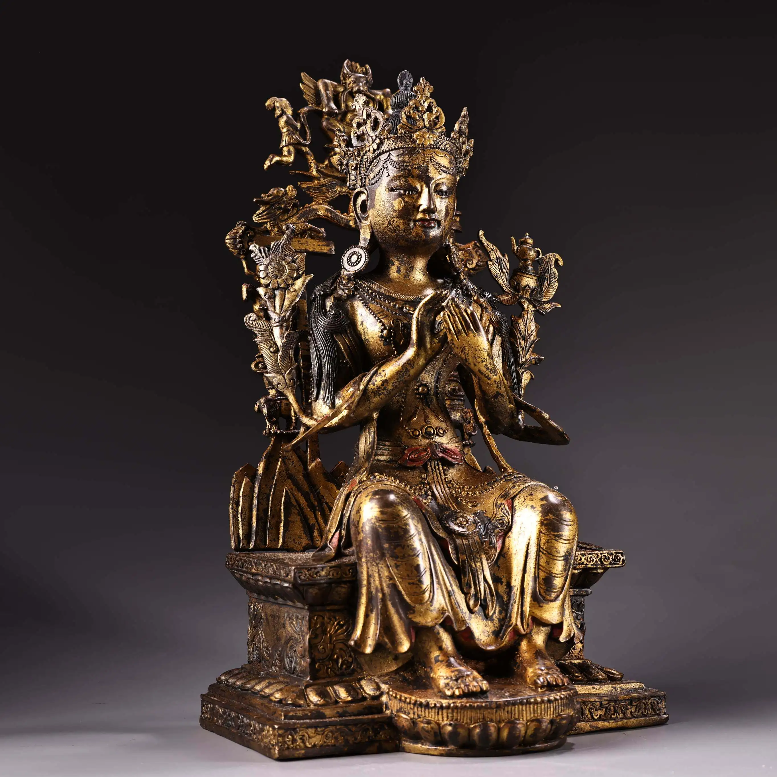 Antique Old Bronze Gold Gilded Tibetan Future Buddha Maitreya Statue Serene Face Heavy Patina Fine Craftsmanship Home Decor