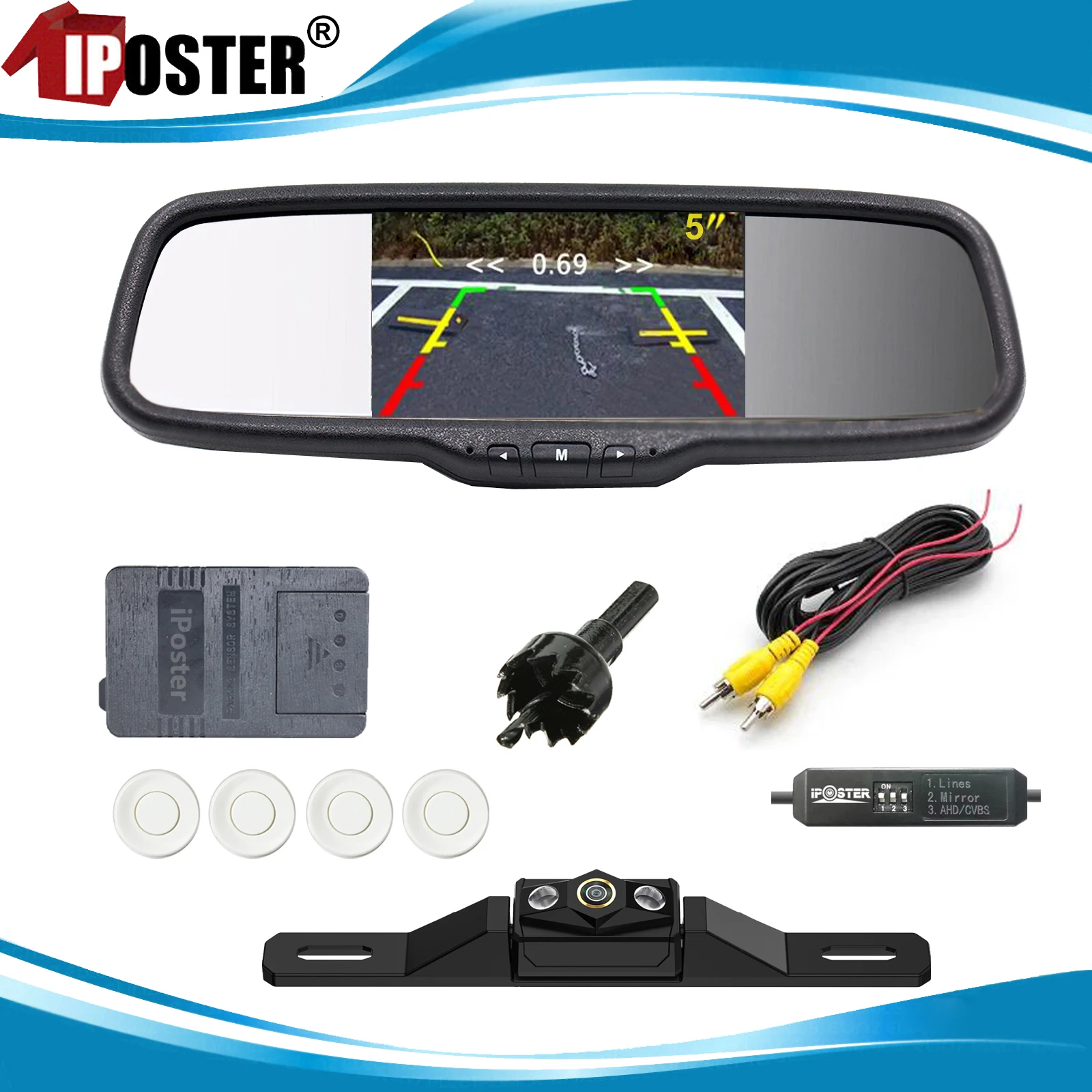 

iPoster Universal 5 Inch Car Rear View Mirror Monitor with clip+Parking Radar Sensor Fisheye Lens Backup Camera Black / White