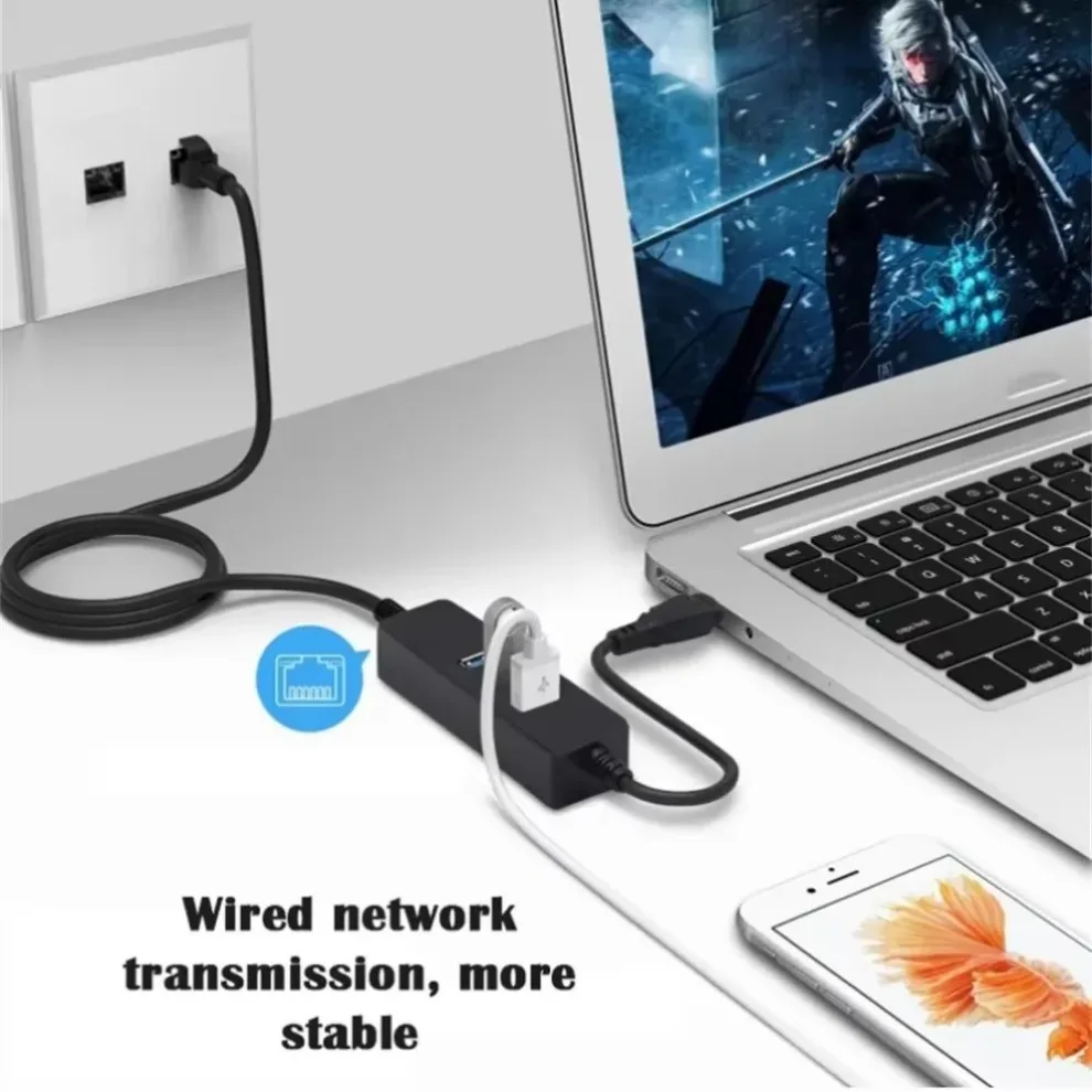 3 Port USB 3.0 Ethernet LAN RJ45 Hub 100Mbps Network Adapter 4 Port Wired External High Speed USB Hub For PC Laptop Mac Windows