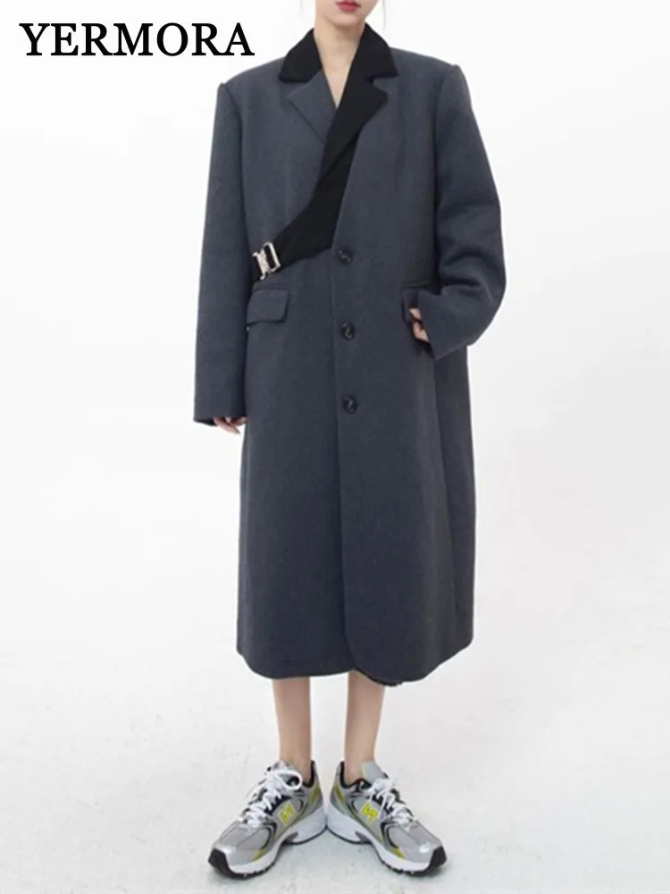 

YERMORA Women Gray Asymmetric Buckle Casual Woolen Coat Lapel Long Sleeve Loose New Overcoat Fashion Tide Autumn Winter 2025