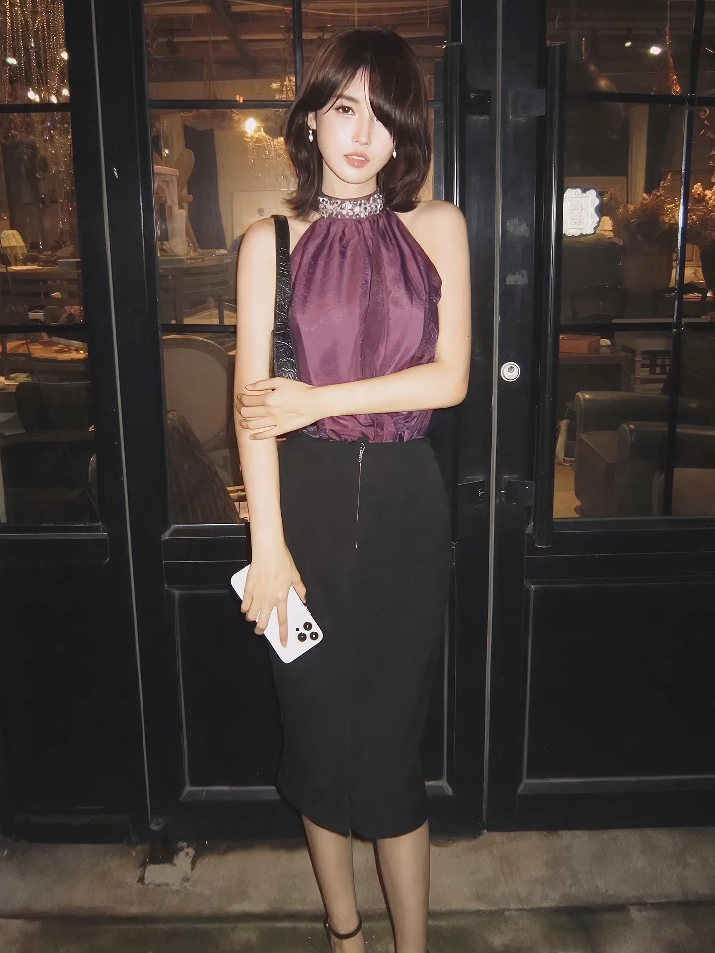 Lila Embellied Diamond Chiffon irt Damen Sommer New Sle Ele Beautiful Svel Top French Sle Loose Fit