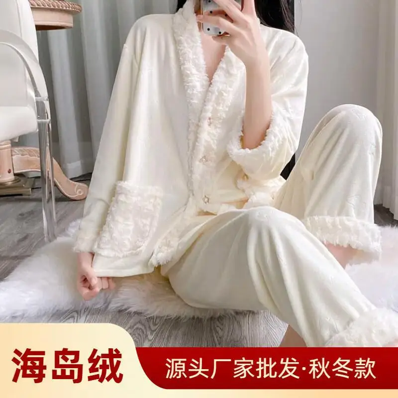 

Women's Pajama Set Girl Winter Homewear Flannel Pajamas Set for Women Long Sleeve Long Pants Warm Fleece Sleepwear Loungewear