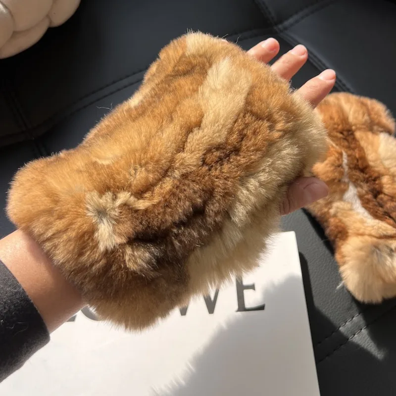 ถุงมือขนกระต่ายเร็กซ์แท้แบบครึ่งนิ้วสำหรับผู้หญิง ฤดูหนาว น่ารัก อุ่น หนา รองรับหน้าจอสัมผัส ถุงมือถักแบบยืดหยุ่น