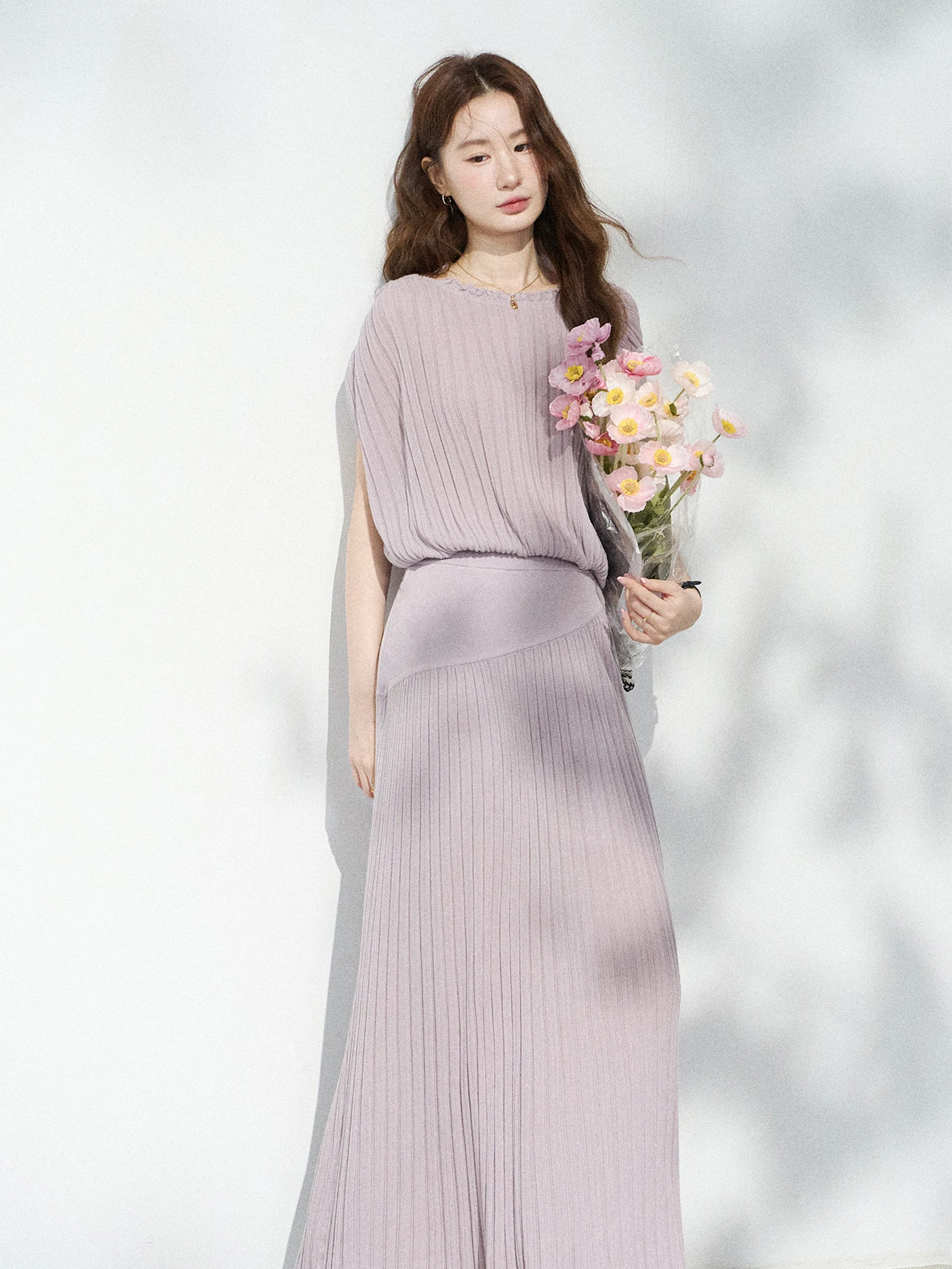 

Elegant Purple Knitted Top And High Waist Skirt Batwing Sleeve Two Piece Set for Women Asymmetric Design Gentle Style