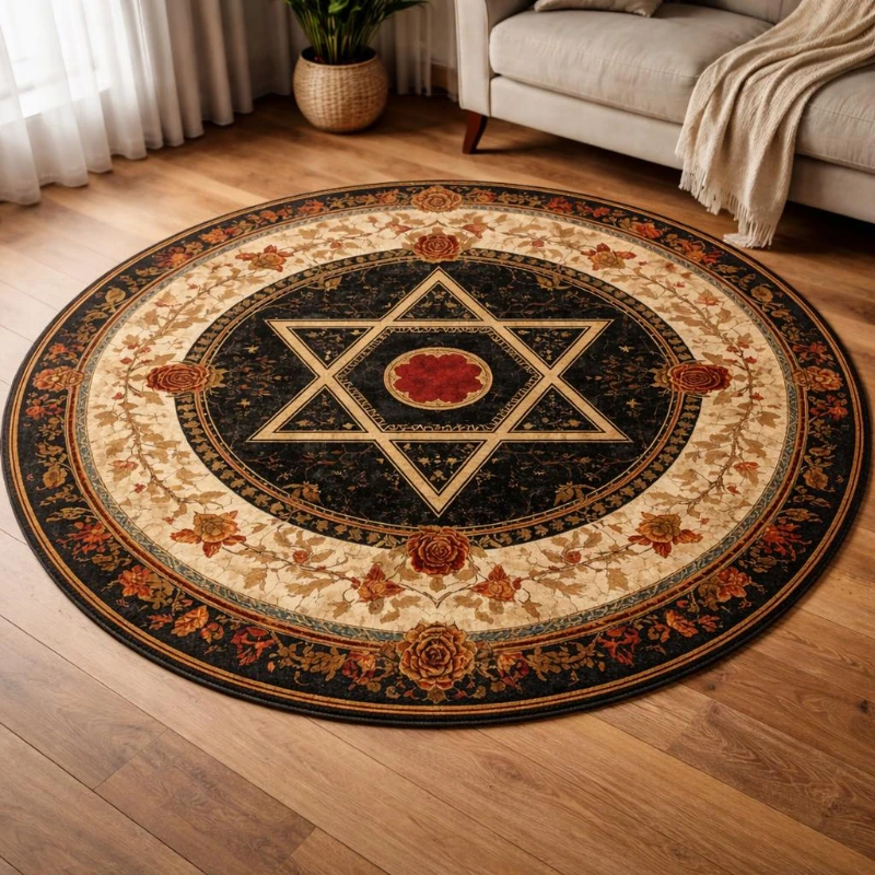 Hexagram Vintage Crimson Rose Floral Frame graphics Circle Rug,Living Room Sofa Chair,Bedroom,Entryway indoor decor  Rug