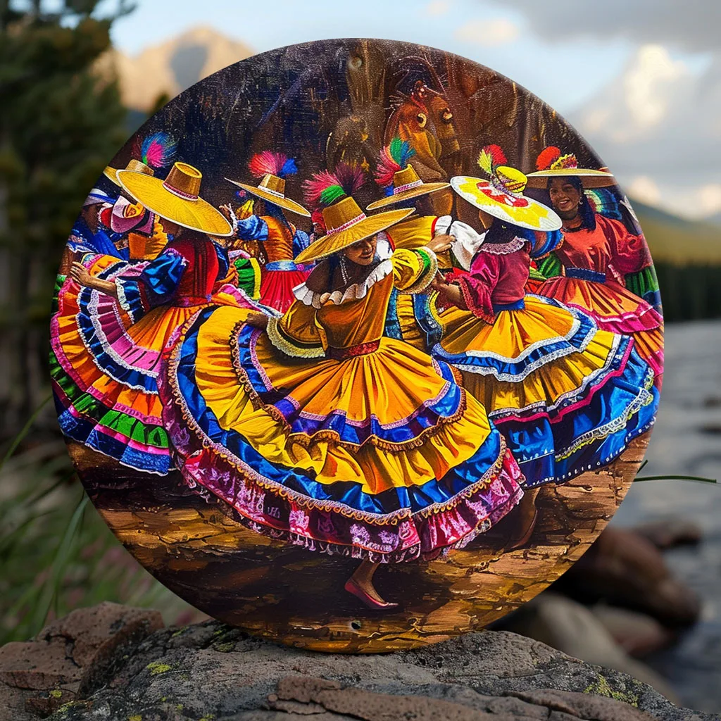 Vibrant Colombian Folkloric Dance Round Aluminum Wall Art - Perfect For Home Office, Cave Decor