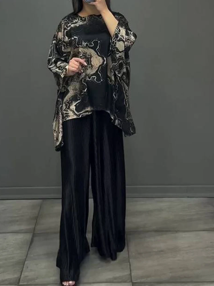 Retro Marble Print Loose Women Outfit Spring V Neck Button Blouse Shirt & Pleated Pants 2pcs Autumn Long Sleeve Female Suits Set