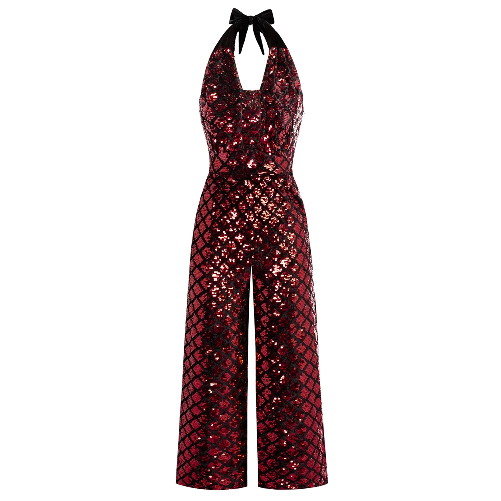 Bp Dames Jumpsuit Met Lovertjes Sprankelende Taille Rugloze Halternek Sexy Cocktail Mode Danskleding Feest Glanzende Jumpsuit