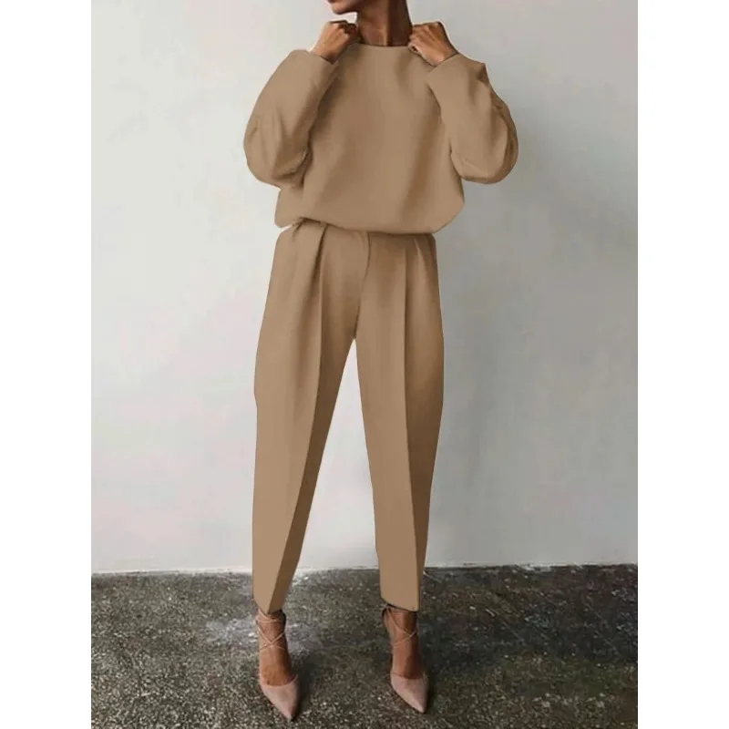 Female Fashion Two Piece Outfits Temperament Commuting Autumn & Winter Women's Loose Solid Long Sleeved Top & Casual Pants Set