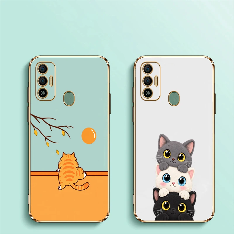 Cute Three Cats Pattern Phone Case For Tecno Spark 20 Pro 8C 7 Pro 7T 6 Go 1 5Air Lens Protect Plating Silicone Soft Covers Capa view 2