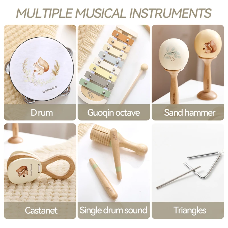 Baby Wooden Musical Instruments Toys Montessori Cartoon Squirrel Pattern Instrument Set Children's Music Enlightenment Toy Gift