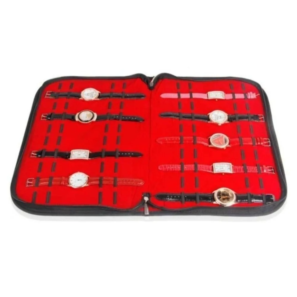 20 Slot Portable Watch Strap Organizer Multi-function Leather Watch Travel Case Pouch Flannel Black Red Watch Storage Bag