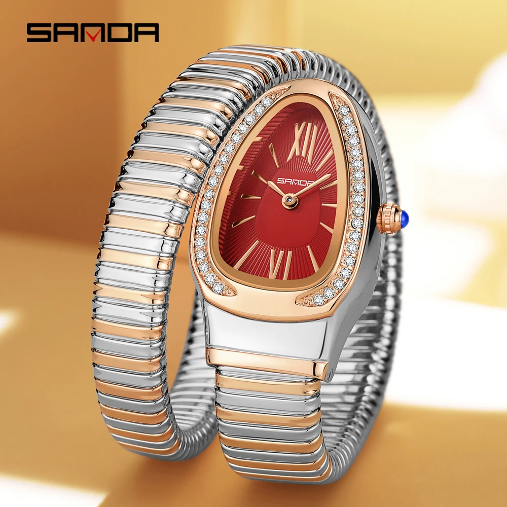SANDA nuevo 1151 reloj de cuarzo de lujo ligero de estilo Retro para mujer con incrustaciones de diamantes en forma de serpiente reloj de cuarzo resistente al agua para mujer