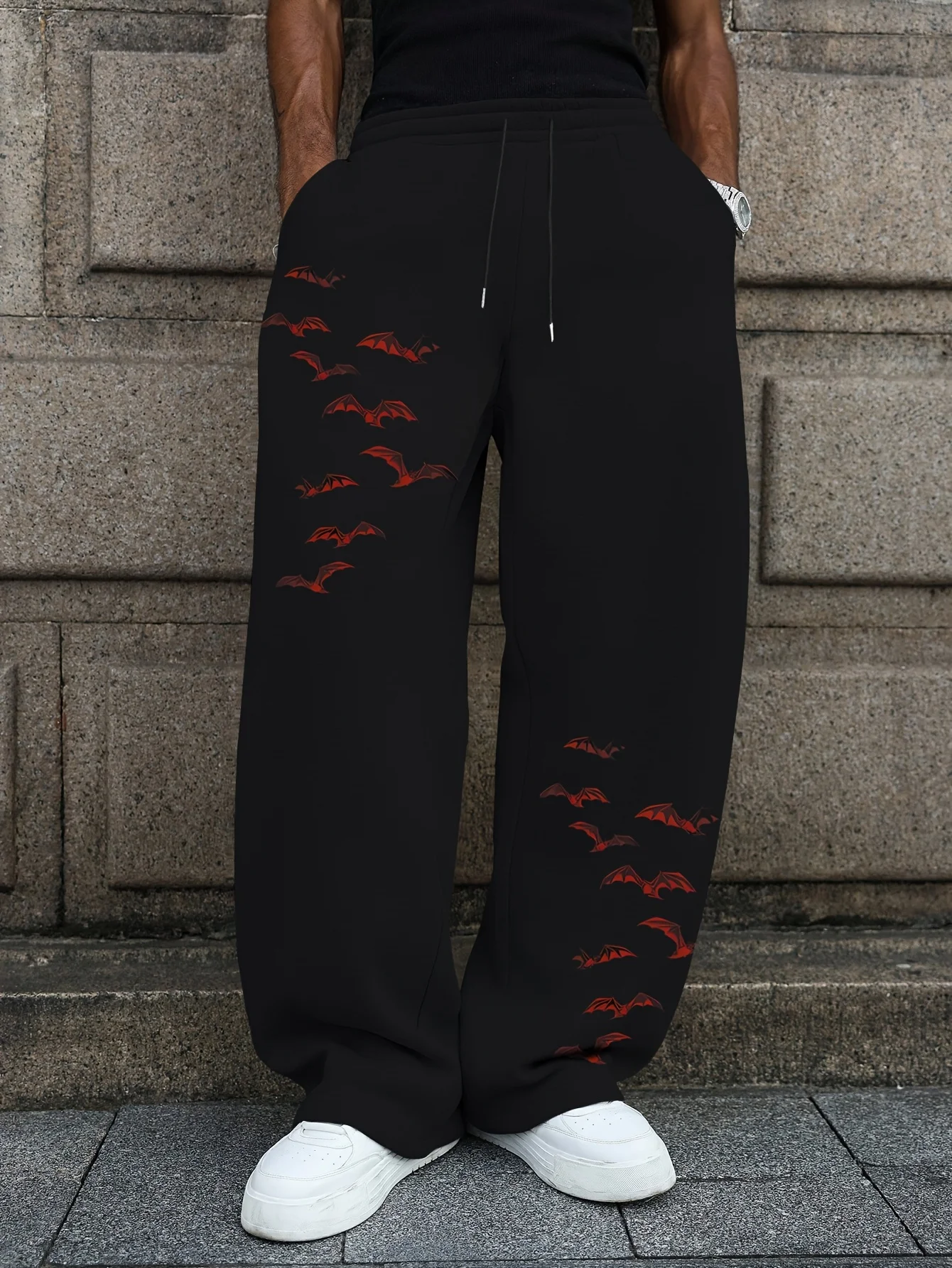 Men's Red Bat Print Straight‑Leg Pants, American Streetwear Hip Hop Hipster Casual Sports Joggers Fashion Trousers S‑3XL