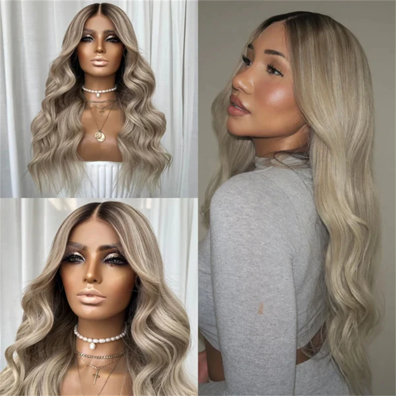 

Ombre Пепельно-русый синтетический парик фронта шнурка Натуральная объемная волна Бесклеевой парик HD Парики шнурка Высококачественные синтетические парики со средним пробором