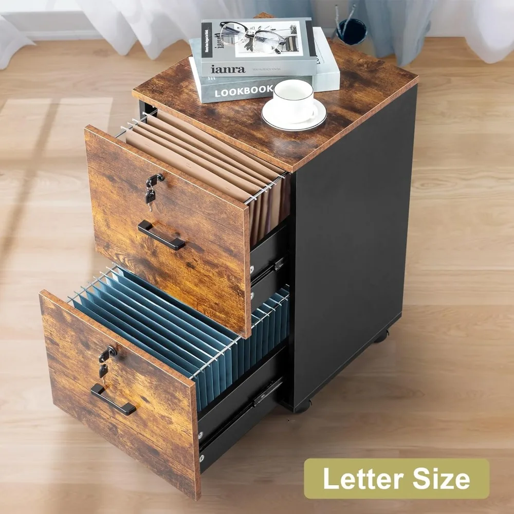 Small Rolling 2-Drawer Wood File Cabinet with Lock, Letter Size Hanging Filing System, Mobile Under Desk Storage Solution