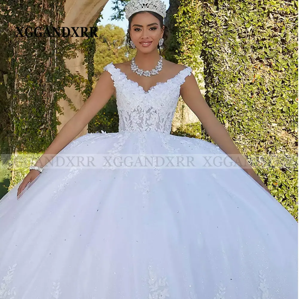 Elegant White Tulle Quinceañera Dress Sparkle Beaded Applique Ball Gown Sweet 16 Princess Dress Pageant Vestido De 15 Party Gown