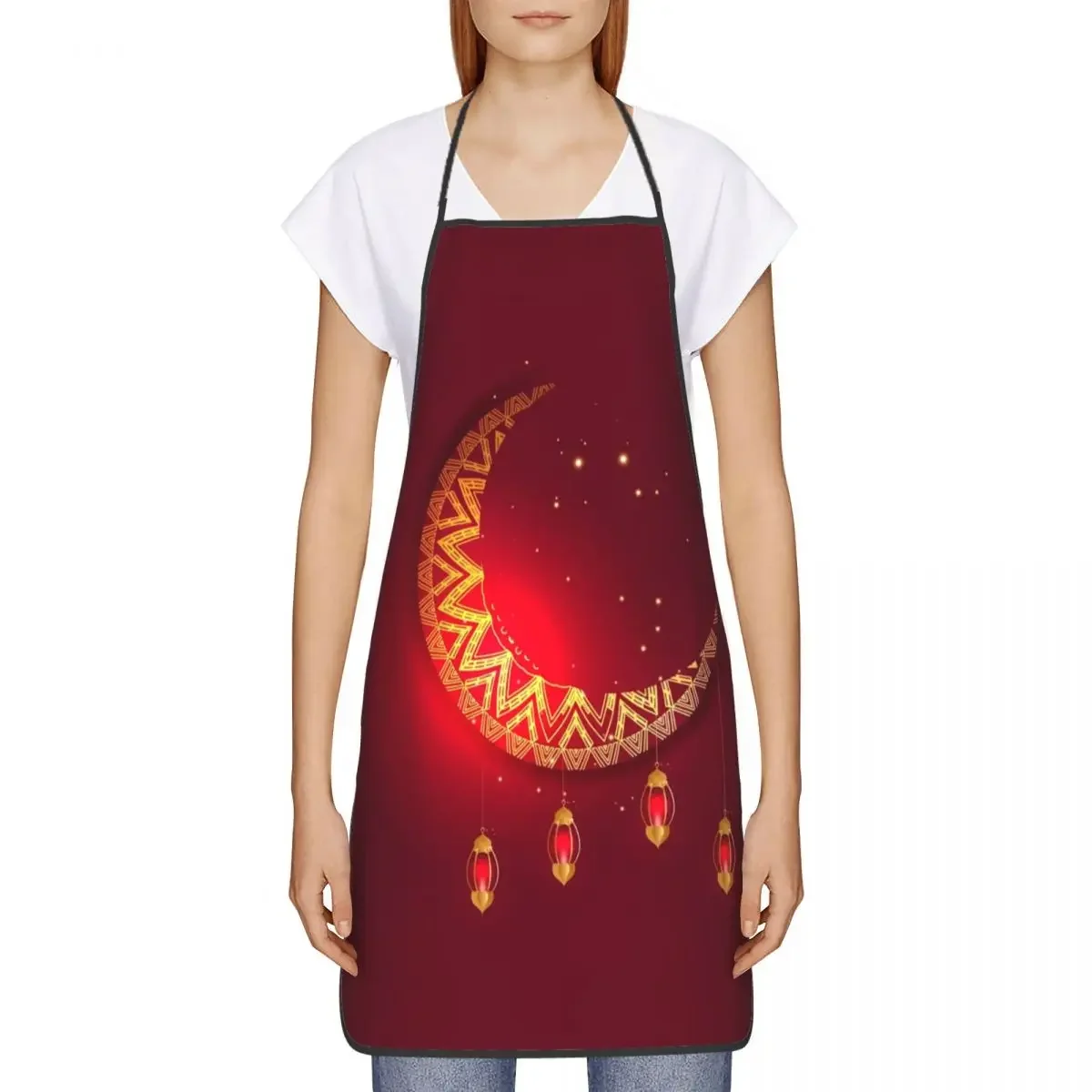 Unisex Eid Mubarak Ramadhan Bib Apron Adult Women Men Chef Tablier Cuisine for Kitchen Cooking Muslim Islamic Moon Gardening