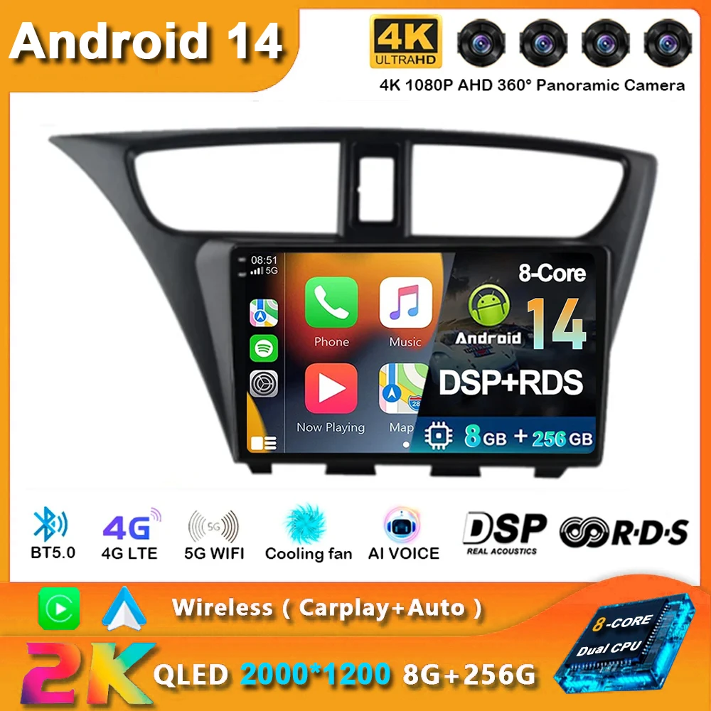 

Android 14 Carplay Car Radio For Honda CIVIC Hatchback 2012 2013 - 2017 Navigation GPS Multimedia Player Stereo wifi+4G Video BT