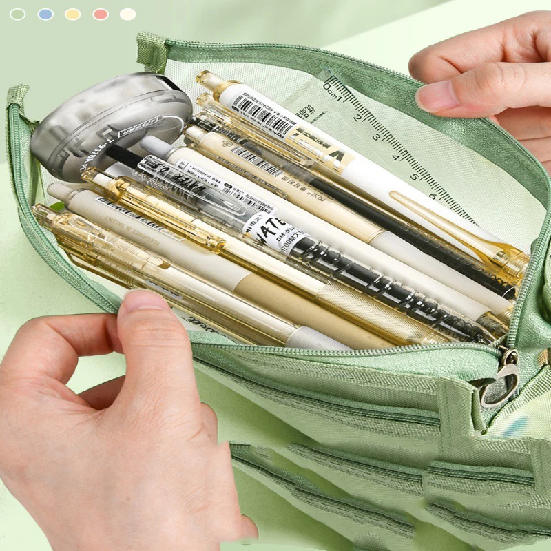 Transparent Mesh Double-layer Three-dimensional Large-capacity Pencil Case Simple and Convenient To Carry Stationery Bag