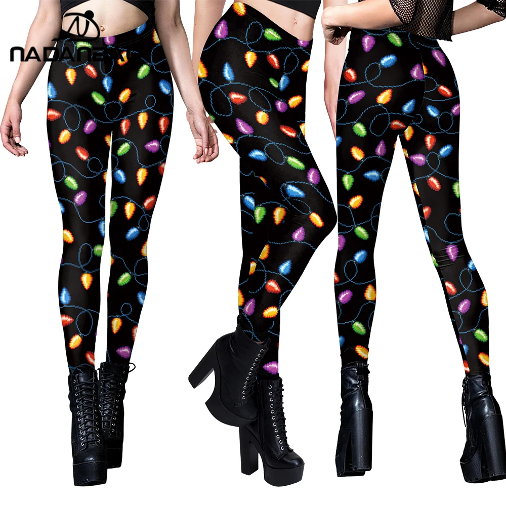 NADANBAO dames kerstverlichting print leggings dames sexy zwarte leggings casual midden taille elastische broek nieuwjaar streetwear