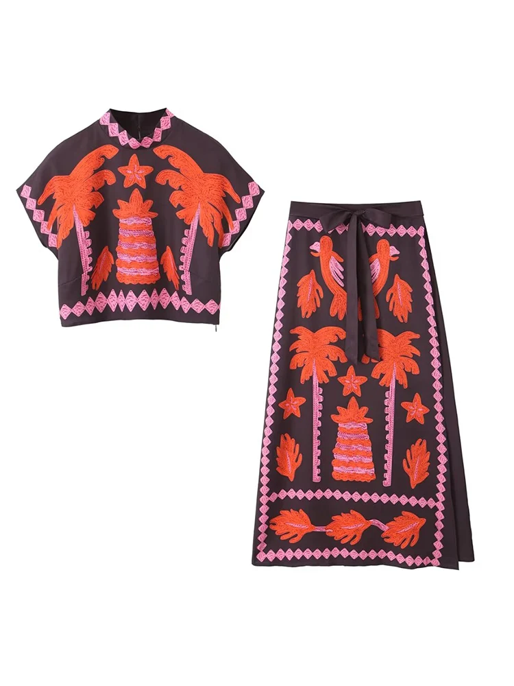 TRAF Two-piece Women Printed Skirt Set Ladies Elegant Round Neck Sleeveless Top High Waist Skirts Sets Women Fashion Street Suit