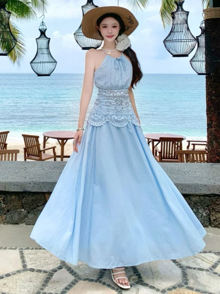 

SMTHMA Vintage Embroidery Hollow Out High Waist Pleated Dress Women Sexy Sleeveless Long Dresses Summer Sexy Holidays Party Robe