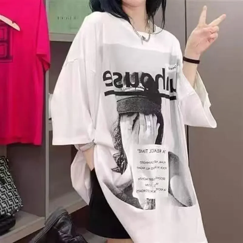 Odzież damska T-shirt z nadrukiem w kształcie litery Vintage koreański, luźny, swobodny, szykowny, z krótkim rękawem, letni, na wszystkie mecze, dojazdy do pracy, swetry z okrągłym dekoltem