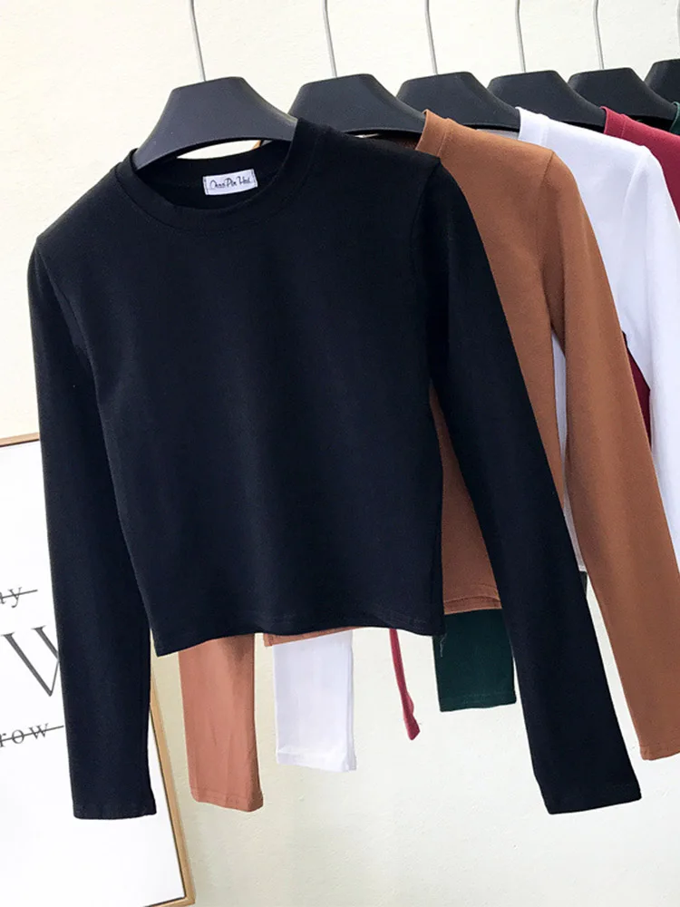 

Women's Sexy Black Cotton O-Neck Long Sleeve Navel Base Clothing, Casual Fashion, Autumn