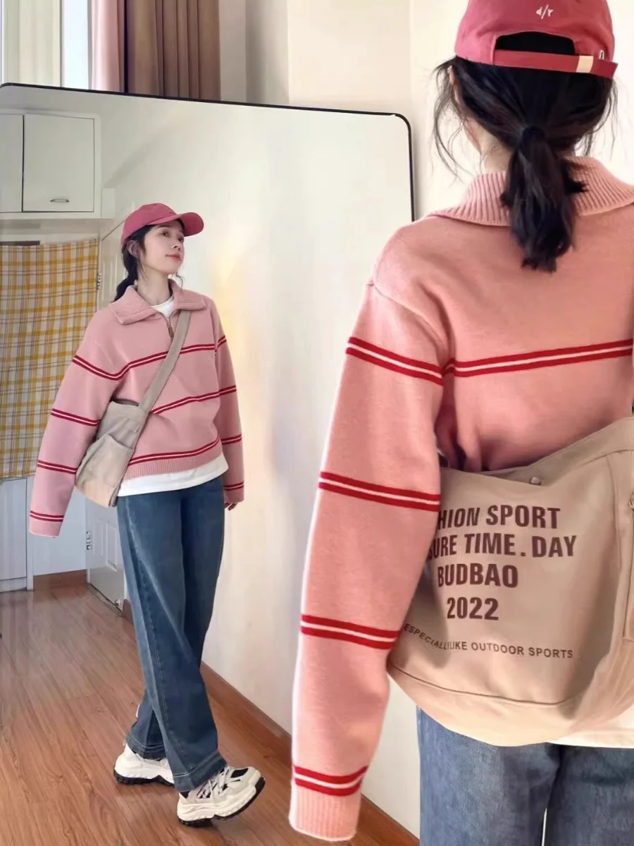 الوردي محبوك سترة مخطط كسول Sle الرجعية اللون بلو المرأة الخريف الشتاء حجم صغير العلوي بدوره طوق Kni...