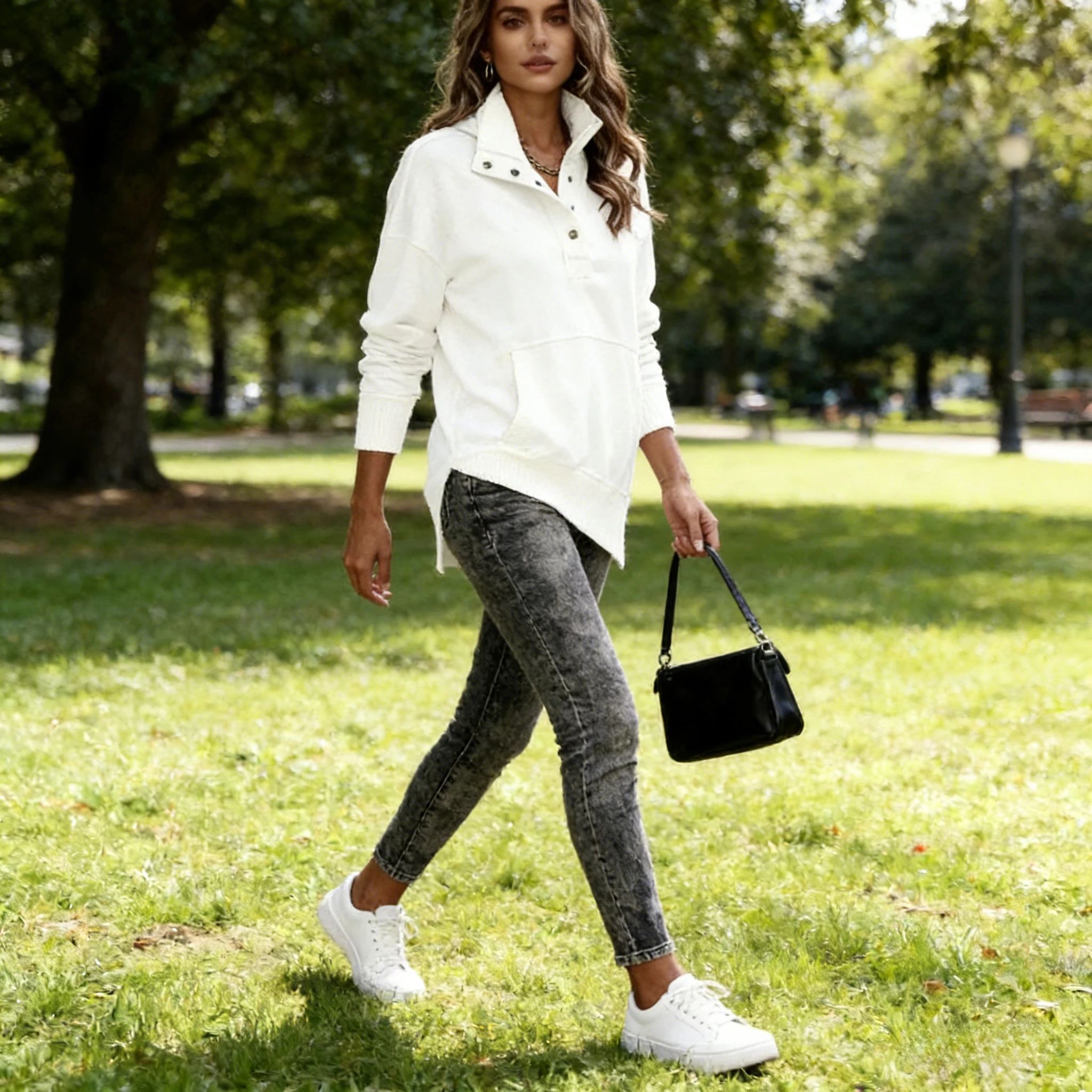 

2025 Autumn/Winter Women's Long Sleeve Hoodie - Solid Color with Pocket & Button-Up Street Style