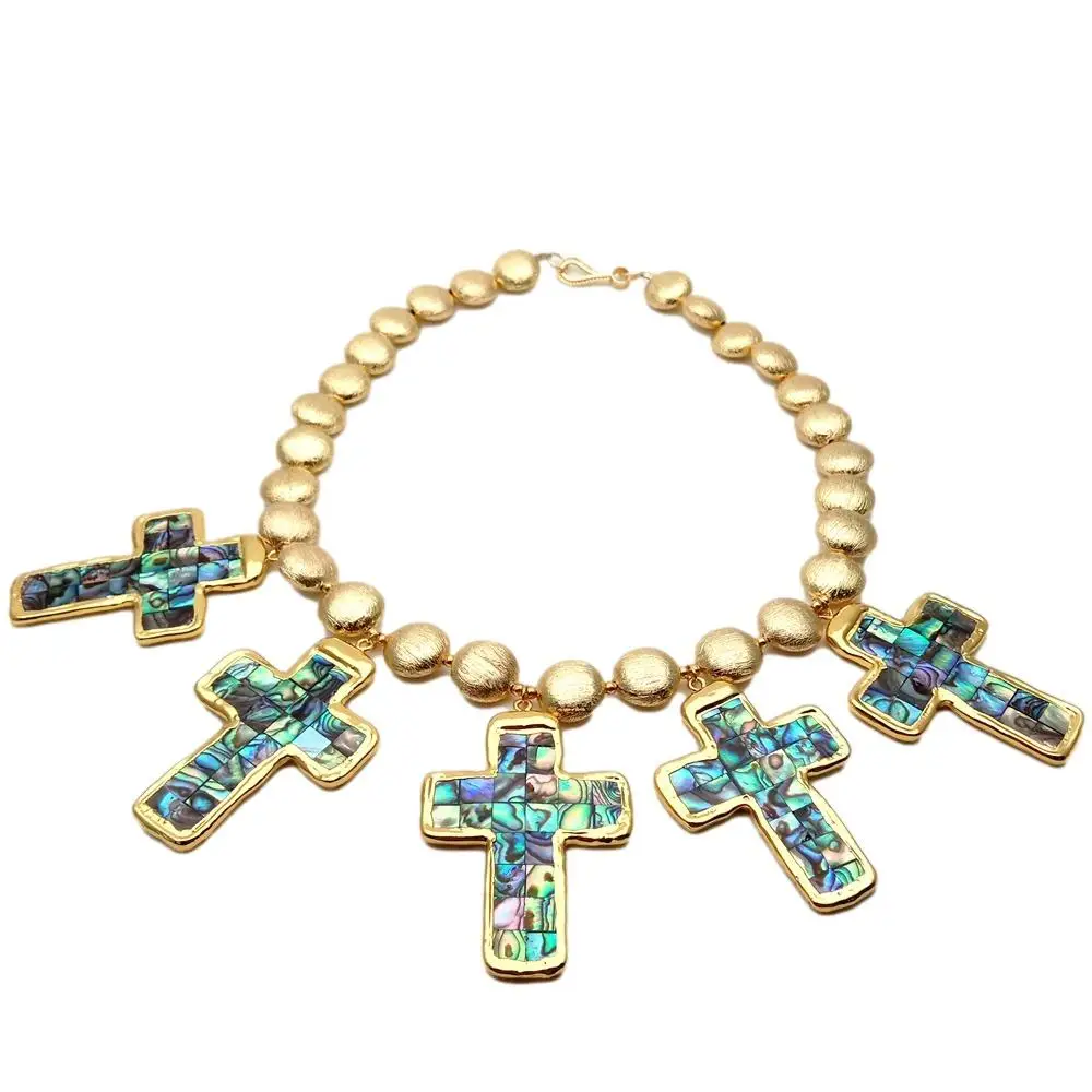 Y·YING Gold Color Plated Brushed Coin Bead Multi Color Abalone Shell Cross Pendant Statement Necklace Christmas Gift