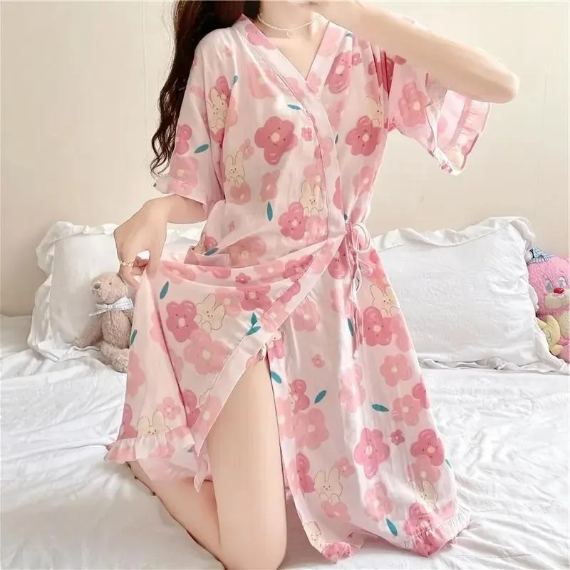 150kg Extra Large Size Robes 3XL Japanese Kimono Women Loose Floral Strap Nightgown Knee Length Bathrobe Plus Size Loungewear