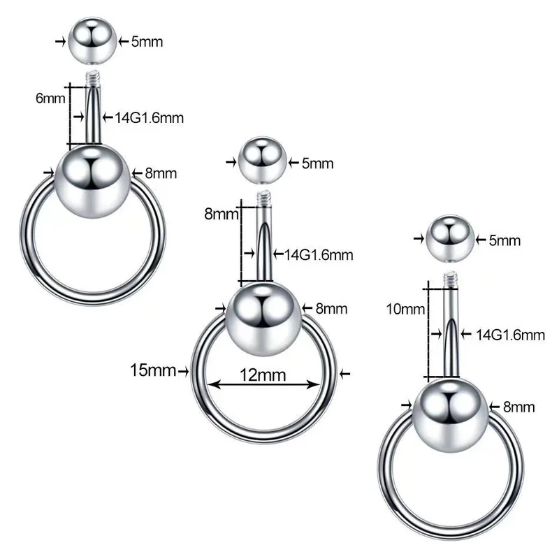 EVISPOL 1Pc Punk 6mm/8mm/10mm Stainless Steel Belly Button Rings Surgical Steel Navel Body Piercing jewelry for Women
