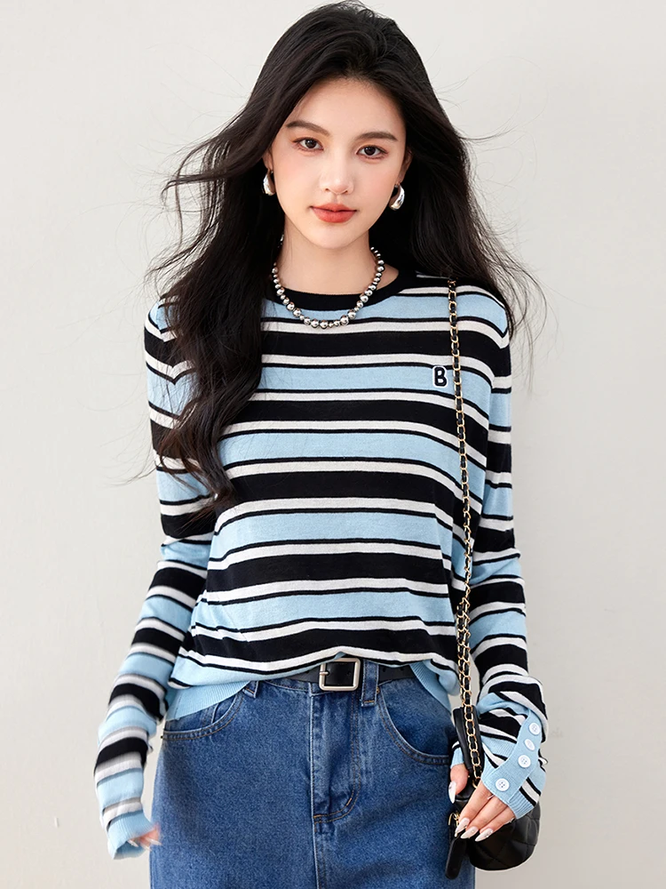 2024 Autumn New Striped Knit Sweaters Women Korean Style Long Sleeve Pullover Contrast Color Chic O-Neck Tops