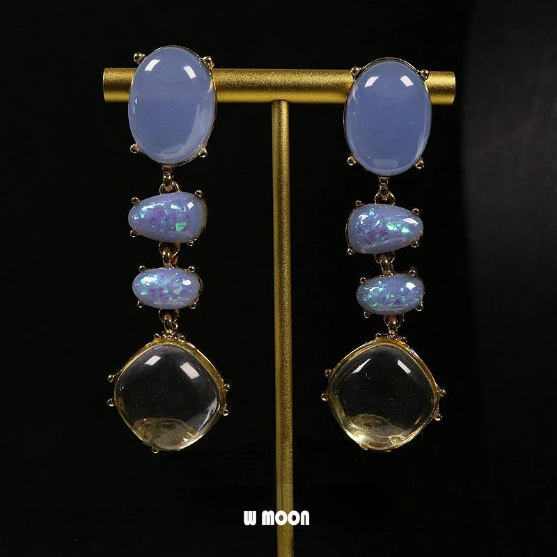 Medieval Vintage Long Pendant Glass Resin Drop Earring for Women Baroque Court Style Luxury Blue Ellipse Party Jewelry Gift Ins