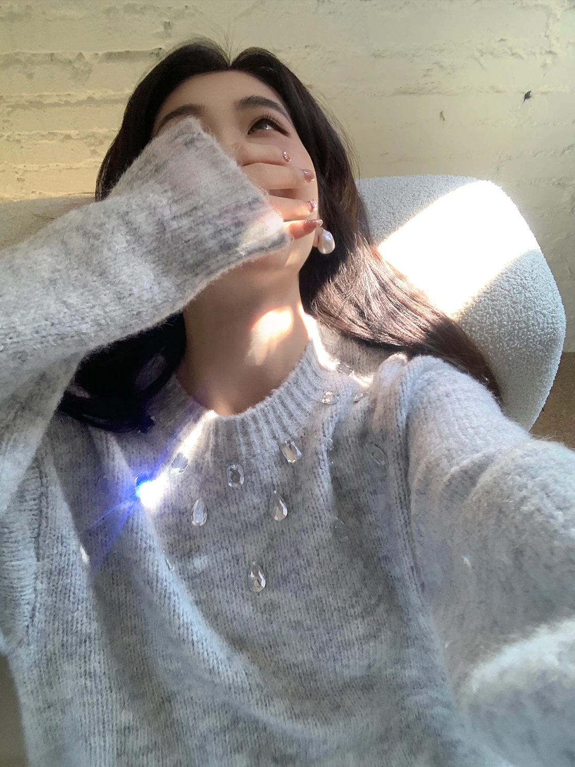 

Pink Loose ort Sweater Women's Faionable Autumn Top ICELOLLY round Ne Long Sve Polyester Nylon Blend Crew Ne Sweater