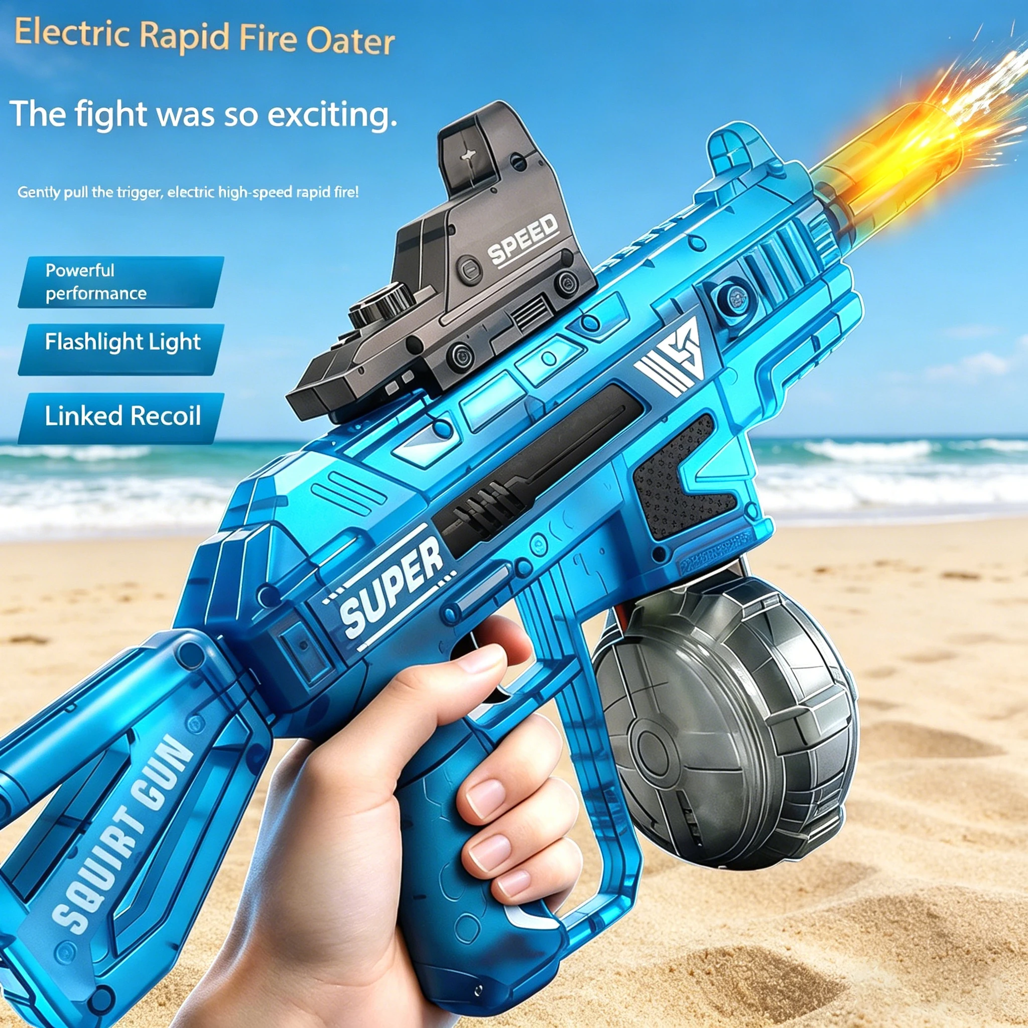 Pistola de agua eléctrica con efecto de luz de llama, alta presión, disparo rápido, pistola de agua para jugar en la playa y en exteriores. ﻿