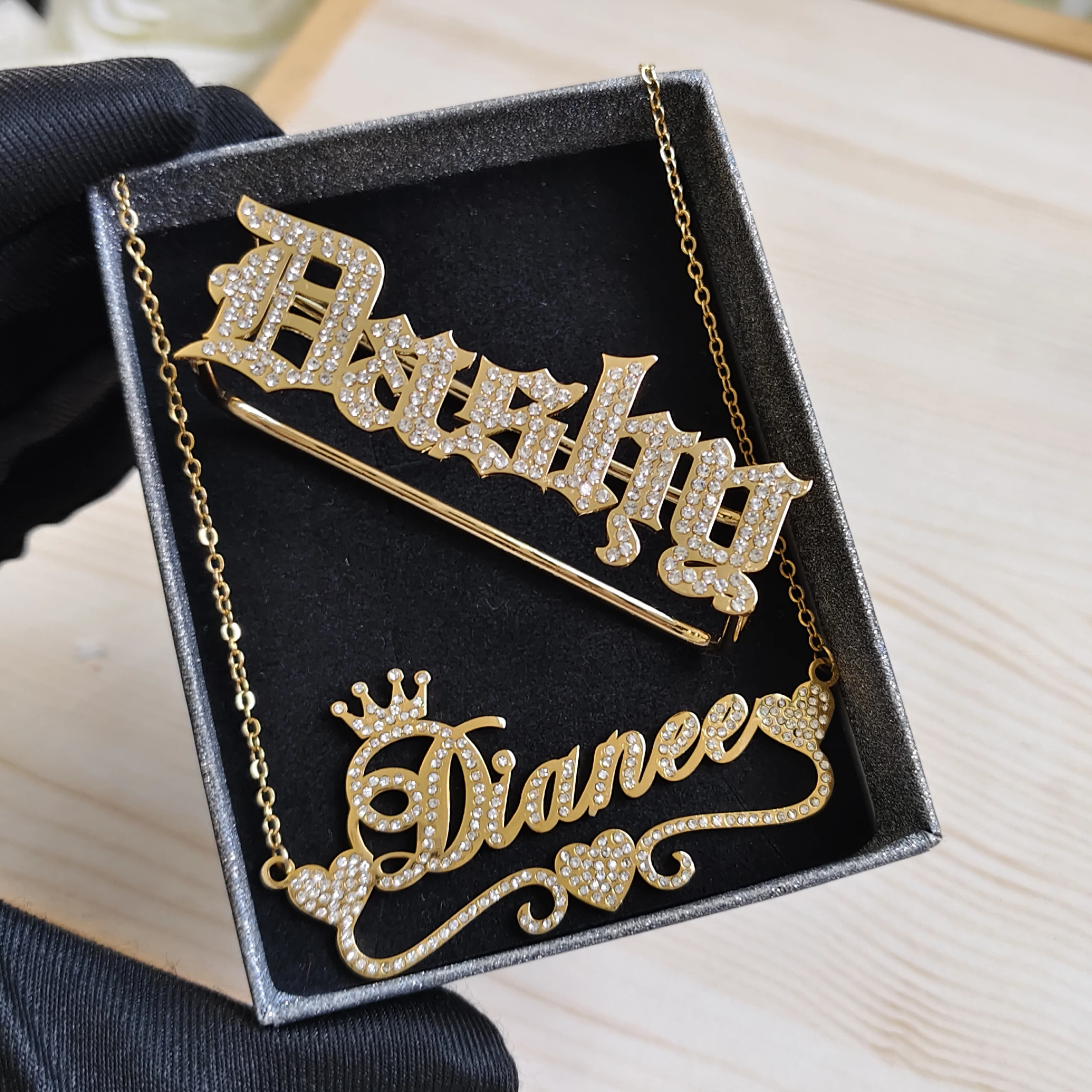 

DHQH New Customized Name Set Personalized Diamond Necklace 60mm Wide Diamond Ring Set Valentine's Day Gift Factory Direct Sales