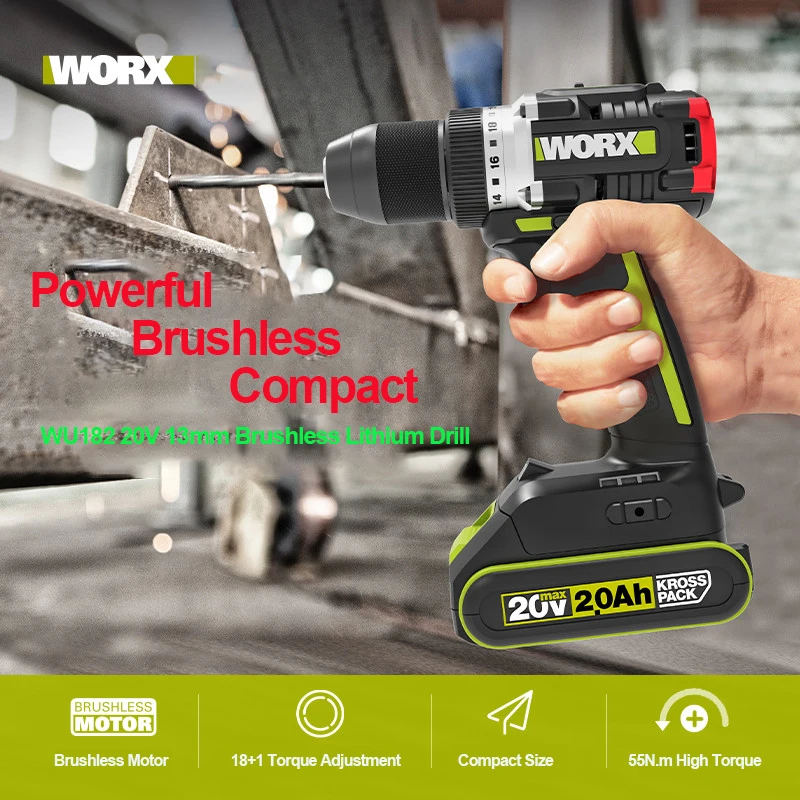 WORX WU182 Cordless Drill Screwdriver High Torque 55N.m Professional Brushless Rechargeable Drill Lithium Battery Power Tool