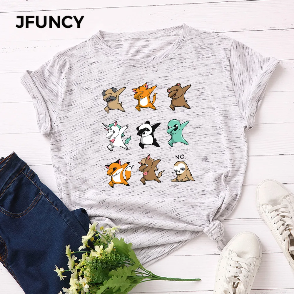 JFUNCY  100% Cotton Summer Tshirt Cartoon Animals Print Women T-Shirt Short Sleeve Woman Tee Tops Female T Shirt
