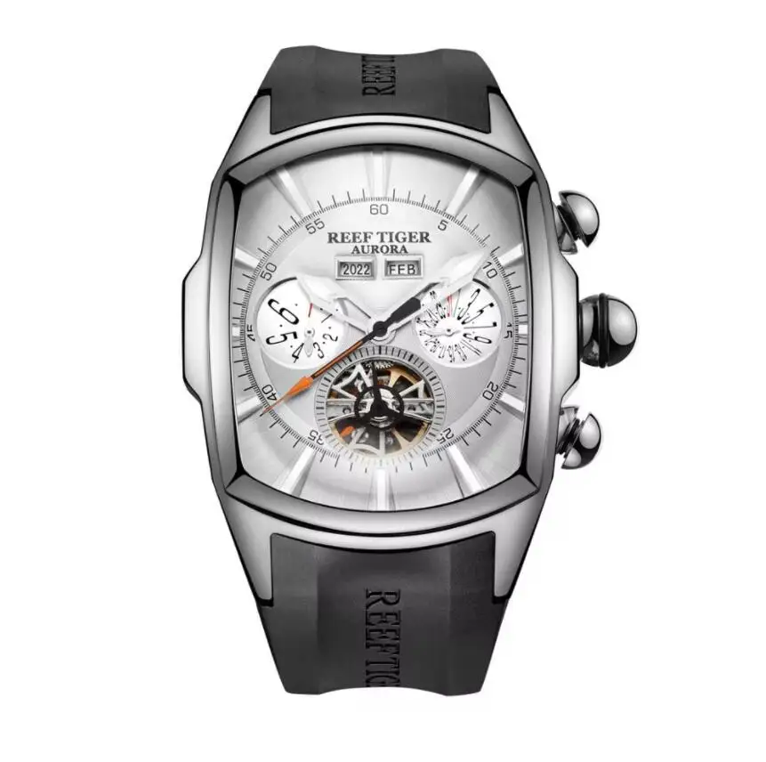 Reef Tiger Men นาฬิกาอัตโนมัติกีฬานาฬิกาข้อมือ Tonneau Case สายยาง Luminous Muiti-Dial เดือนสัปดาห์วันที่