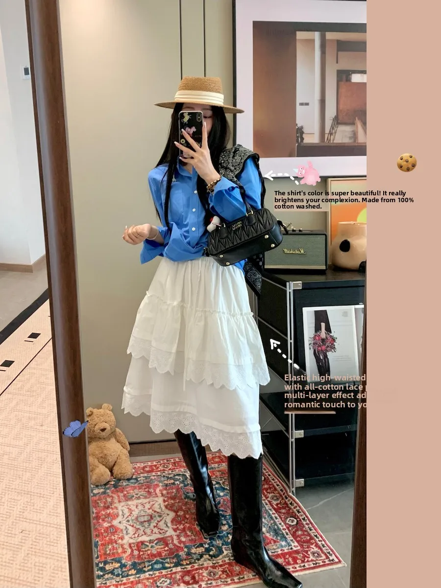 

White Lace Embroidery High Waist Elastic A-Line Skirt Slimming Effect Zheng ChunHua Fairy Sle Hollow out Design