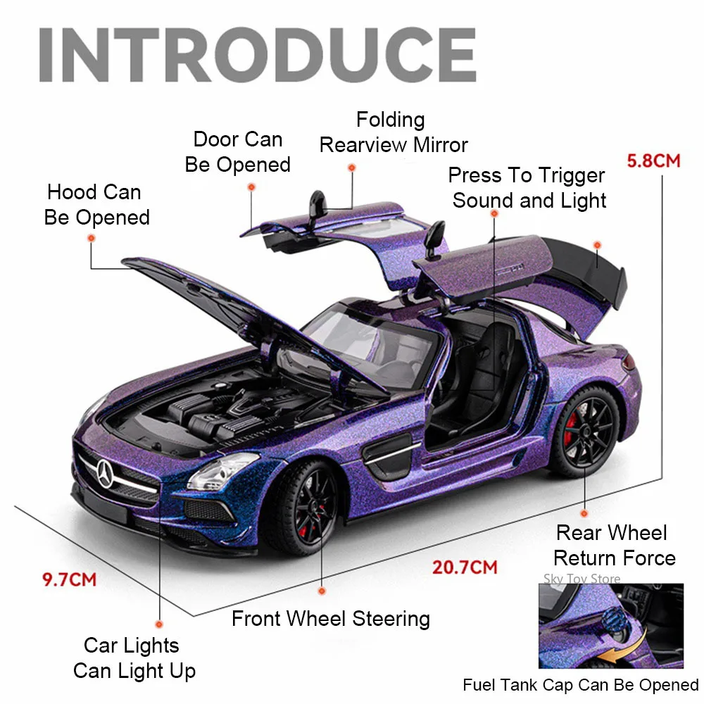 1:24 Vision GT SLS Modello in miniatura Pressofuso in lega Auto Giocattoli Suono Luce Tirare indietro Porte aperte Ruota anteriore Sterzo per i regali del ragazzo