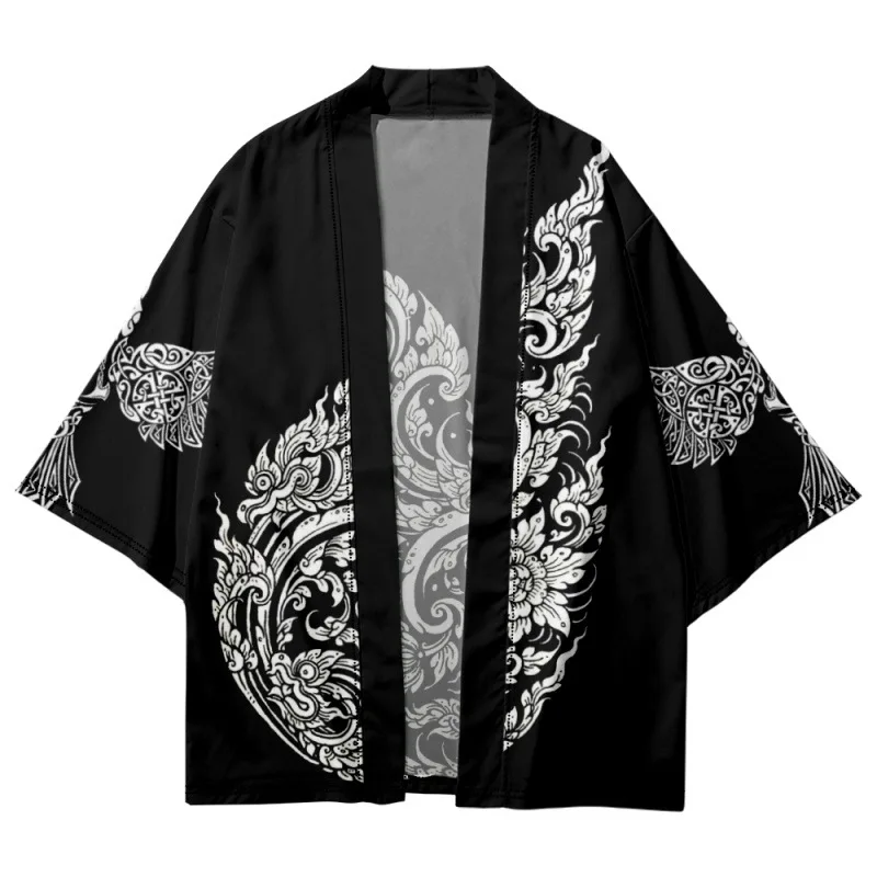 Traditional Japanese Cashew Flowers Eagle Printed Black Kimono Beach Shorts Cardigan Yukata Couple Women Men Streetwear