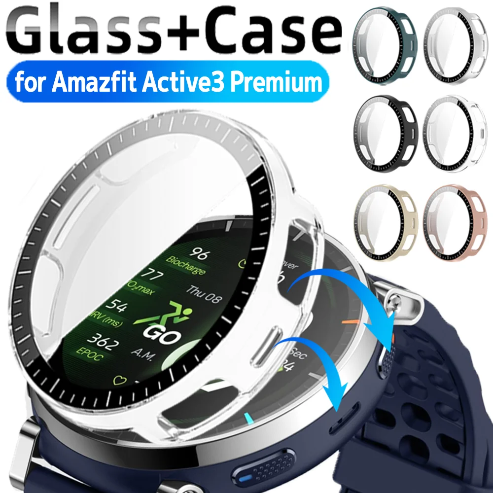 

2IN1 Case+Film Watch Cases for Amazfit Active 3 Premium Anti-Scratch Cover Tempered Glass Screen Protection Hard PC Bumper Shell