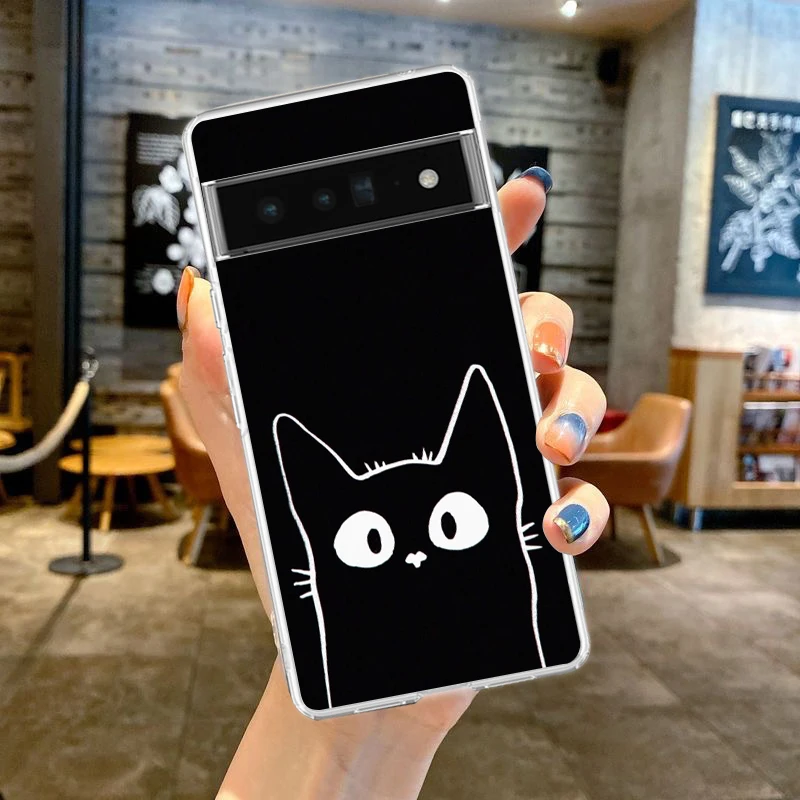 Cute Cartoon Black Cat Phone Case For Google Pixel 9 8 7 6 Pro XL 8A 7A 6A 5 4 5A 4A 3A XL 5G soft Silicone Clear TPU Cover