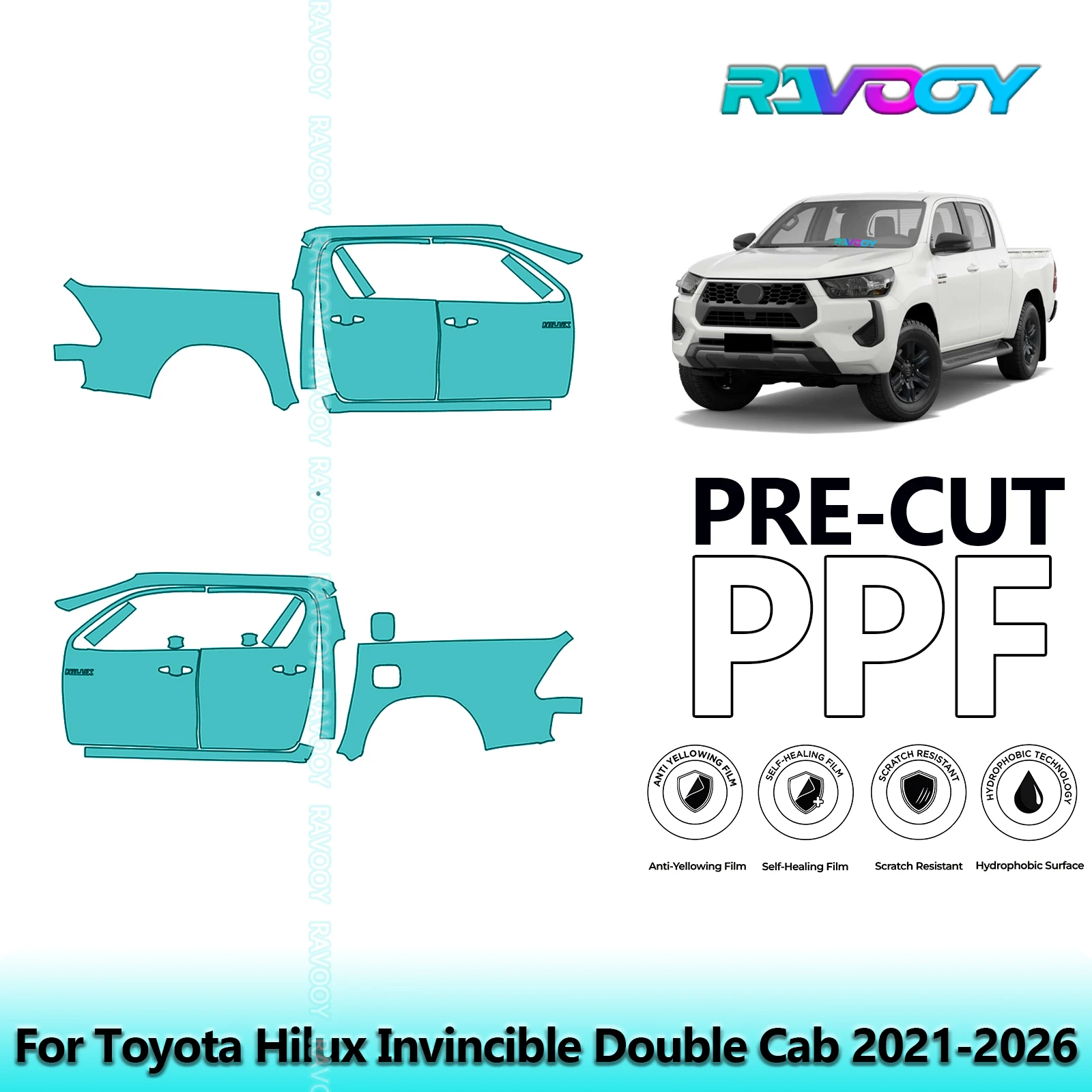 

For Toyota Hilux Invincible Double Cab 2021-2026 8.5mil Pre-Cut PPF Door & A/B Pillar Kit TPU Paint Protection Film Set
